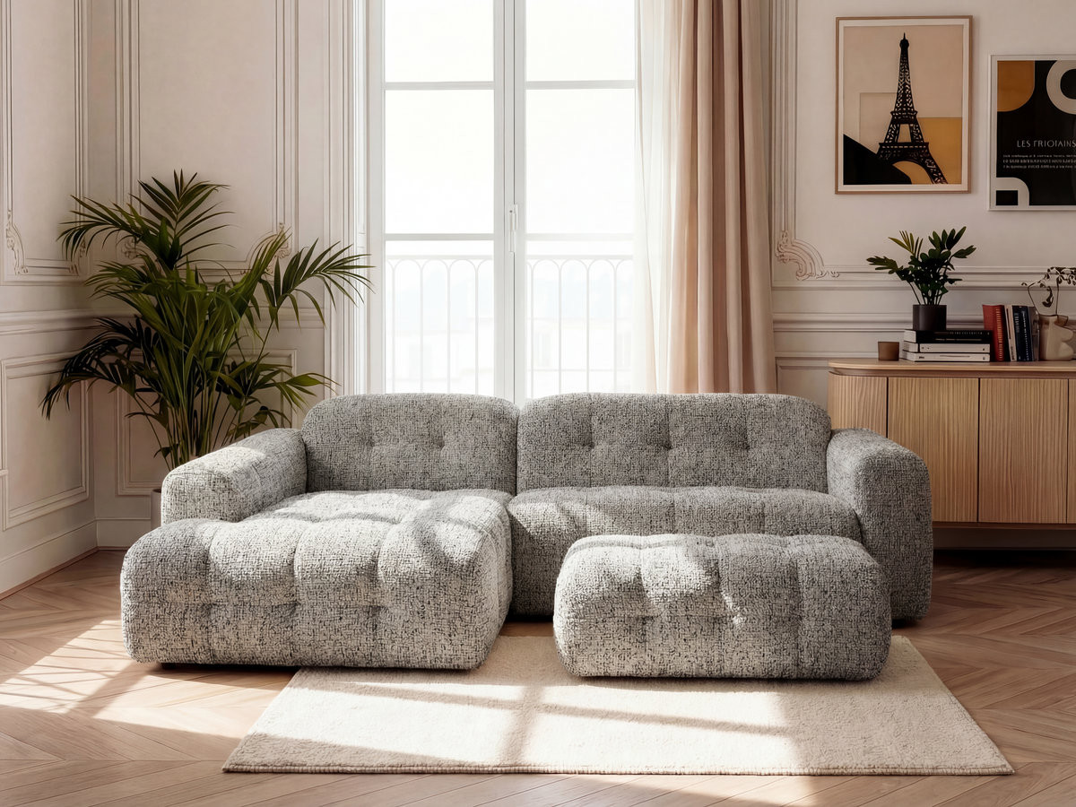 Bobochic Laura Ecksofa mit großem Pouf Melange-Stoff Taupe Ecke links