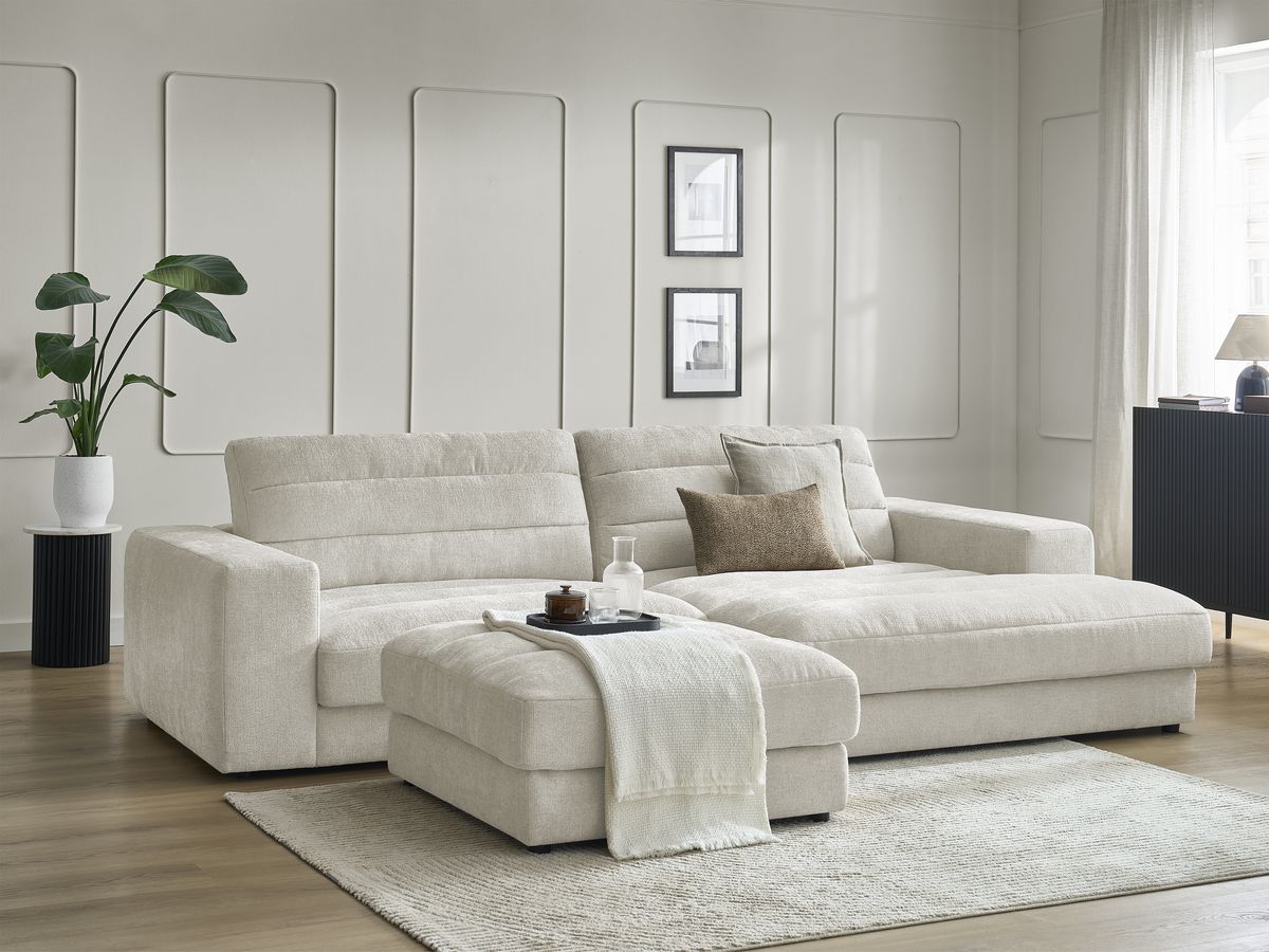 Bobochic Sierra Ecksofa mit Pouf Strukturstoff Beige Ecke rechts