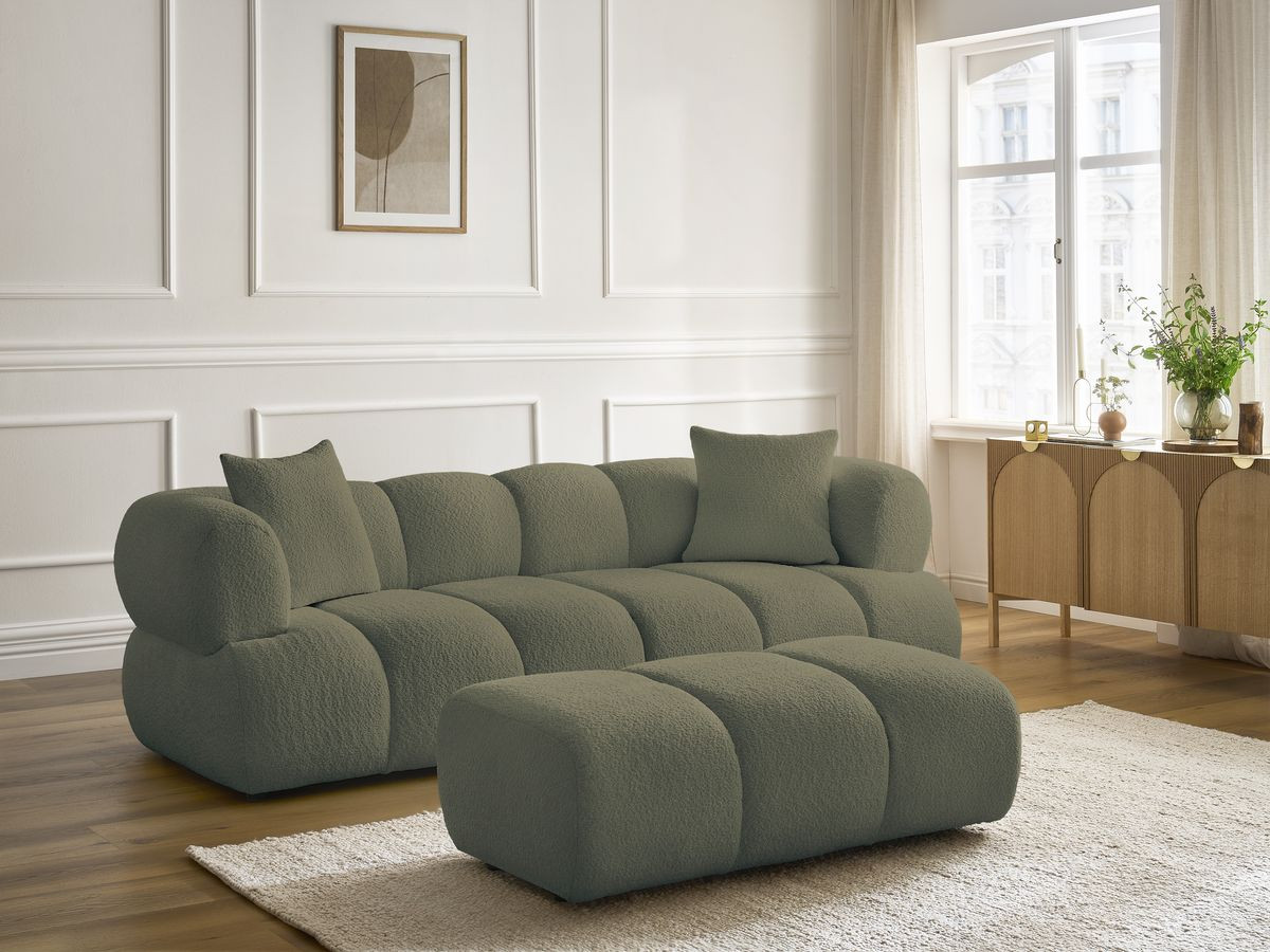 Bobochic Pamira Sofa 3-Sitzer mit Pouf Bouclé-Stoff Grün