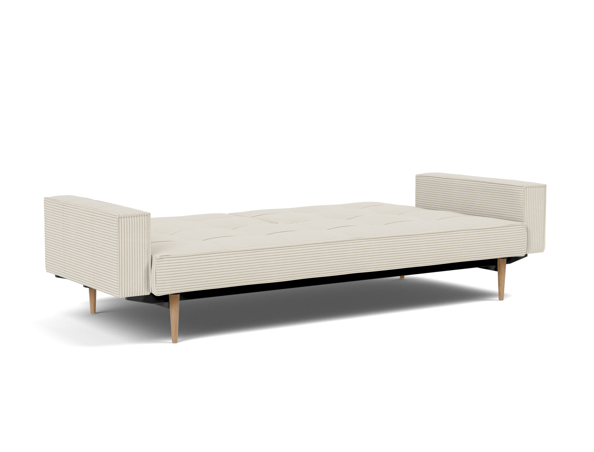 Schlafsofa Splitback mit Armlehnen Kord Corduroy 594-Ivory Beine Styletto Eiche hell