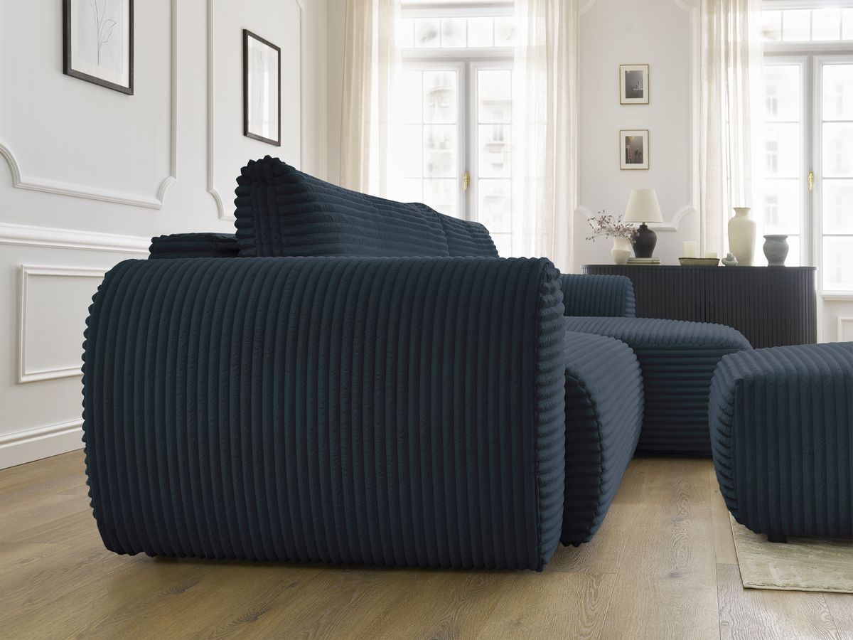 Bobochic Lucien Ecksofa mit Schlaffunktion und Bettkasten und Pouf 314 × 167 cm Breitcord weich Dunkelblau Ecke rechts