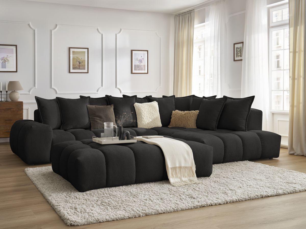 Bobochic Everest Ecksofa mit Schlaffunktion und Pouf, 10 Kissen Strukturstoff Schwarz Ecke rechts