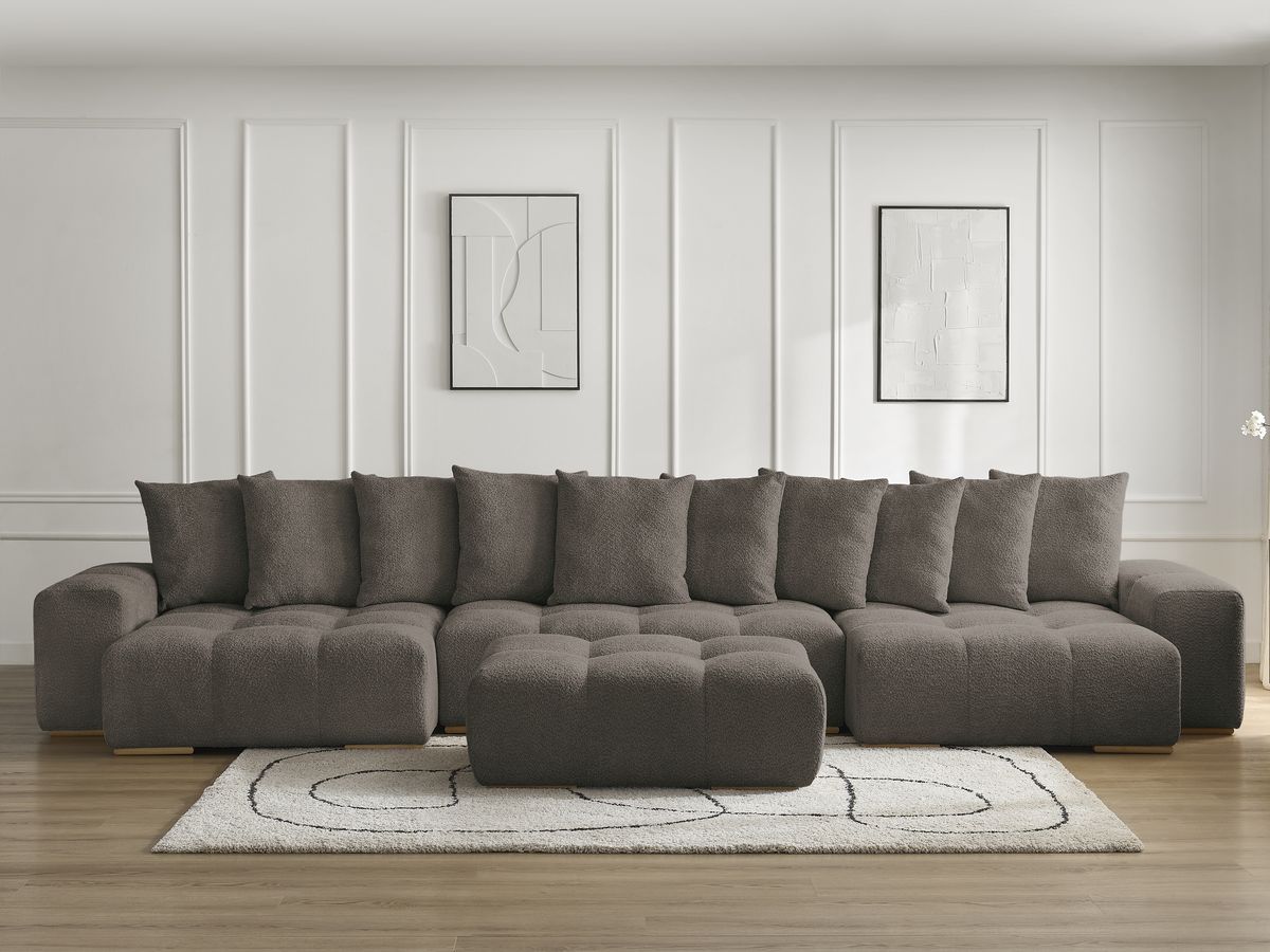 Bobochic Anakin Wohnlandschaft mit Pouf, Liegefläche 137 × 382 cm, 10 Kissen Bouclé-Stoff Braun