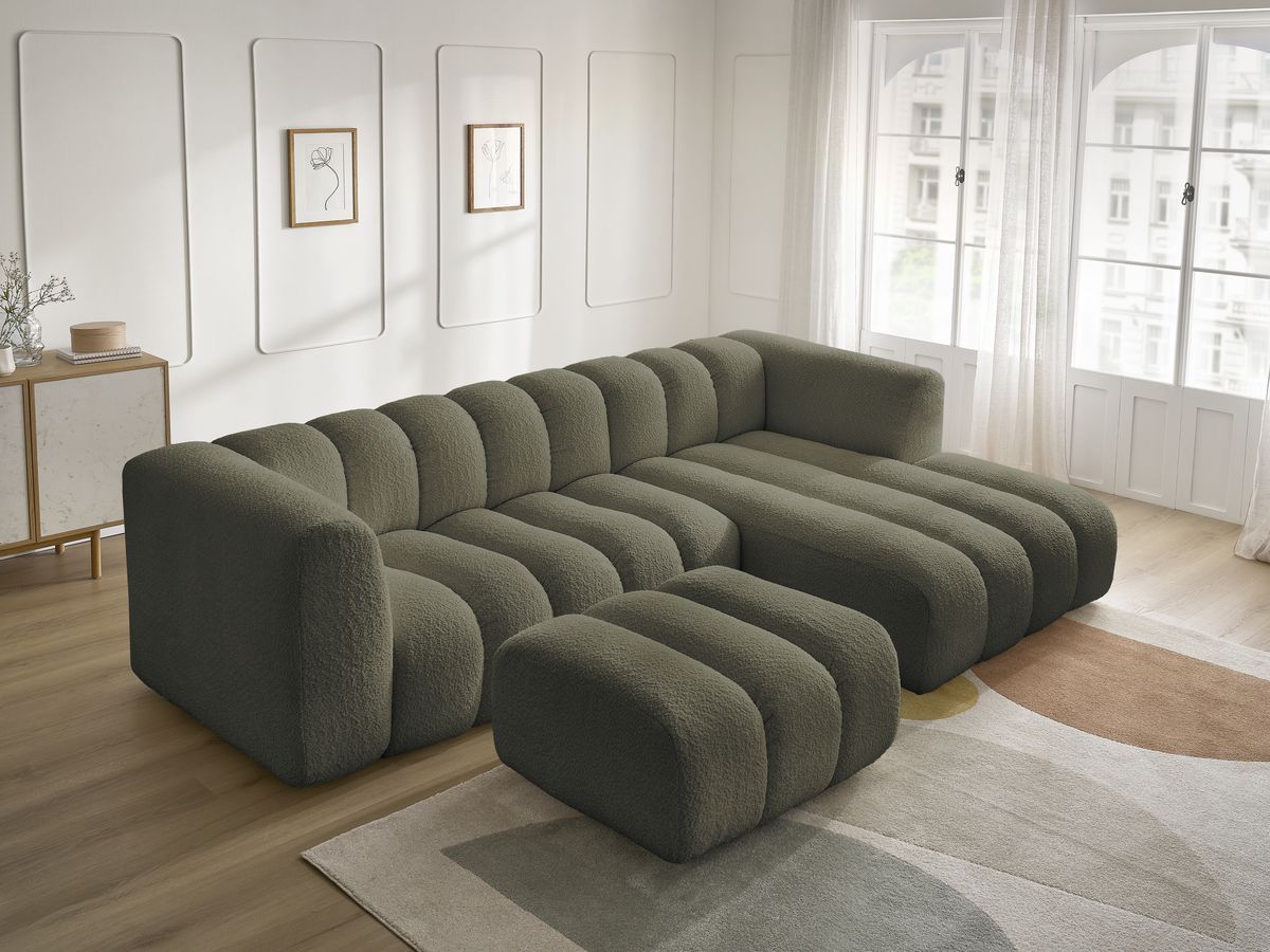 Bobochic Talia Ecksofa mit Pouf Bouclé-Stoff Grün Ecke rechts