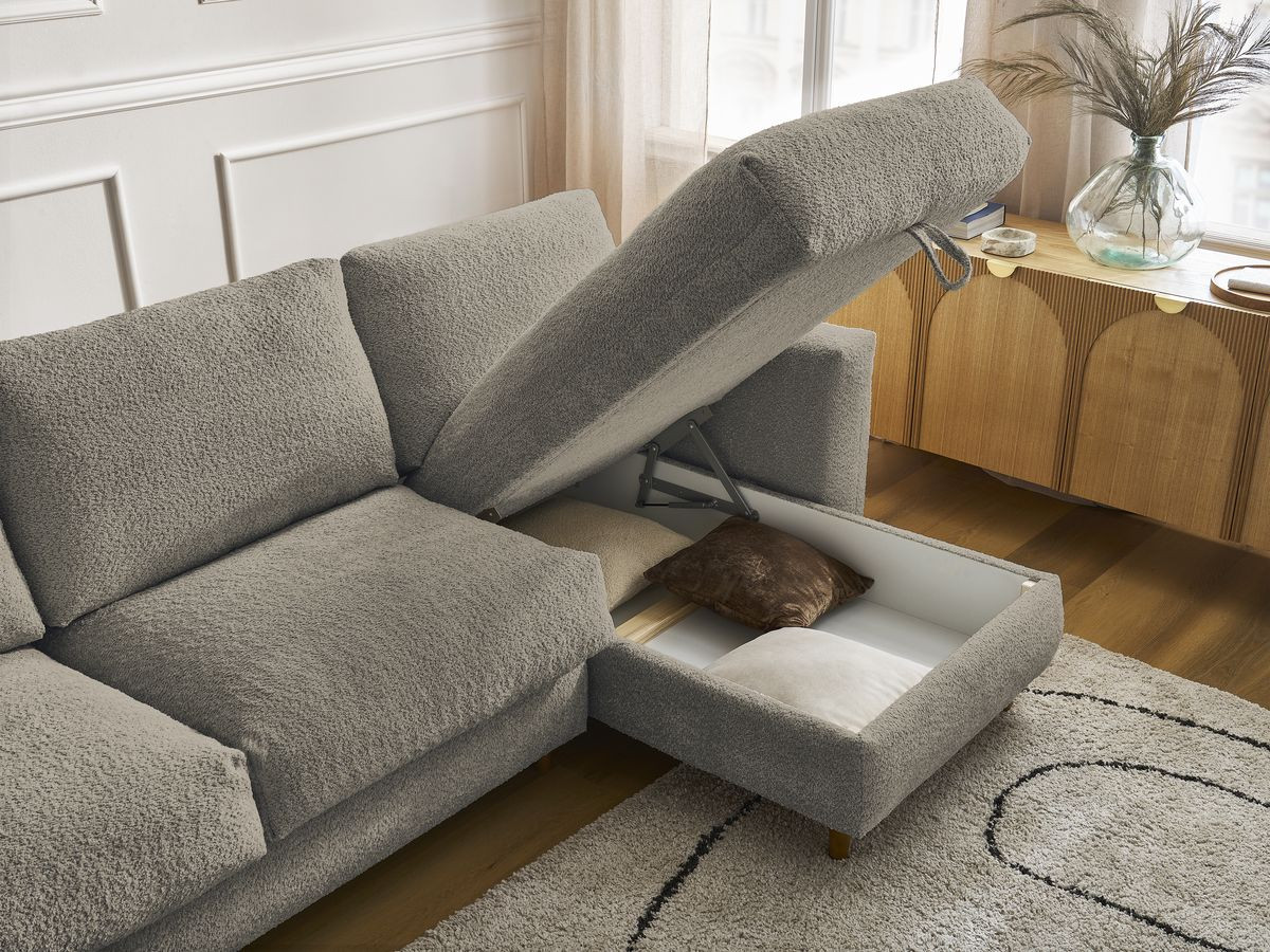 Bobochic Cocoone Ecksofa mit Schlaffunktion und Bettkasten Bouclé-Stoff Taupe, Liegefläche 140 × 200 cm