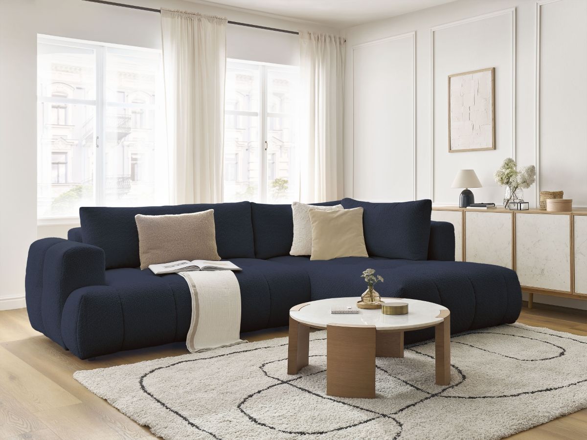 Bobochic Fuji Ecksofa mit Schlaffunktion und Bettkasten 282 × 204 cm Bouclé-Stoff Dunkelblau Ecke rechts