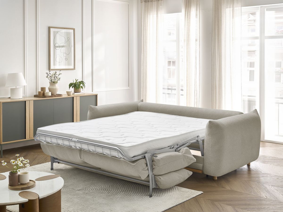 Bobochic Ernest Schlafsofa 3-Sitzer, Liegefläche 190 × 140 / 160 cm Bouclé-Stoff Taupe, Liegefläche 140 × 190 cm