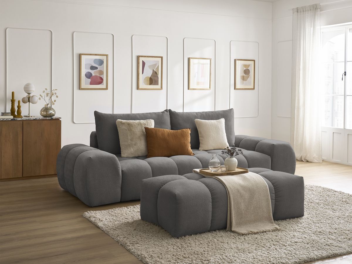 Bobochic Everest Sofa 3-Sitzer mit Pouf, 2 Kissen Strukturstoff Dunkelgrau