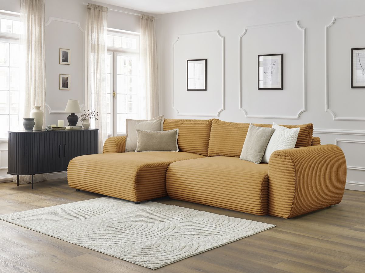 Bobochic Lucien Ecksofa mit Schlaffunktion und Bettkasten 314 × 167 cm Breitcord weich Gelb Ecke links