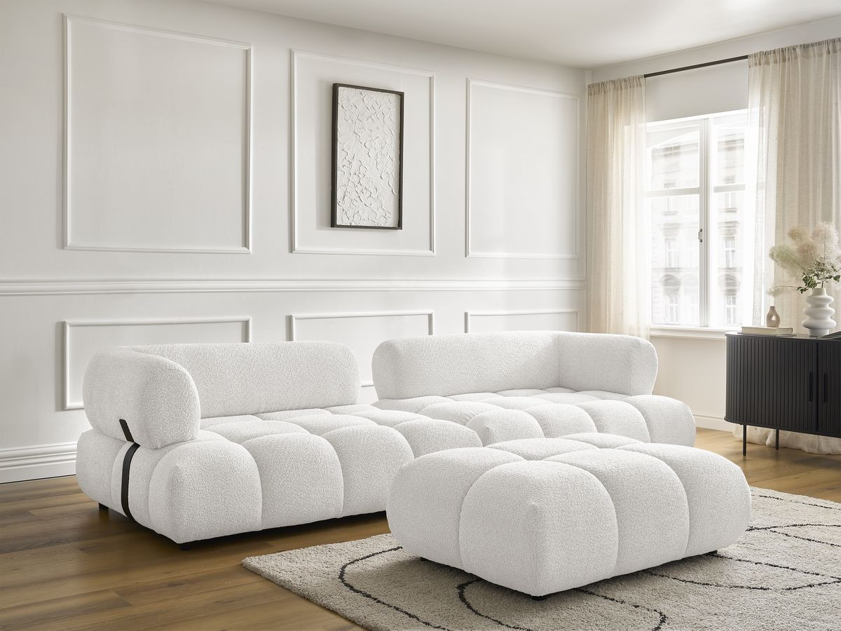Bobochic Alya Sofa 4-Sitzer mit Pouf Bouclé-Stoff Weiß