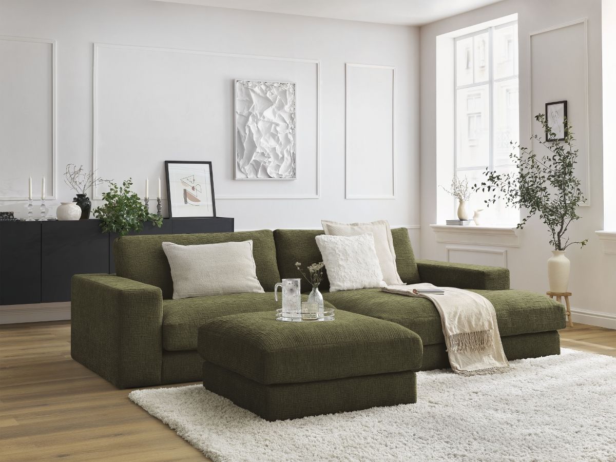 Bobochic Leonard Ecksofa mit Pouf 234 × 159 cm Strukturstoff Grün Ecke rechts