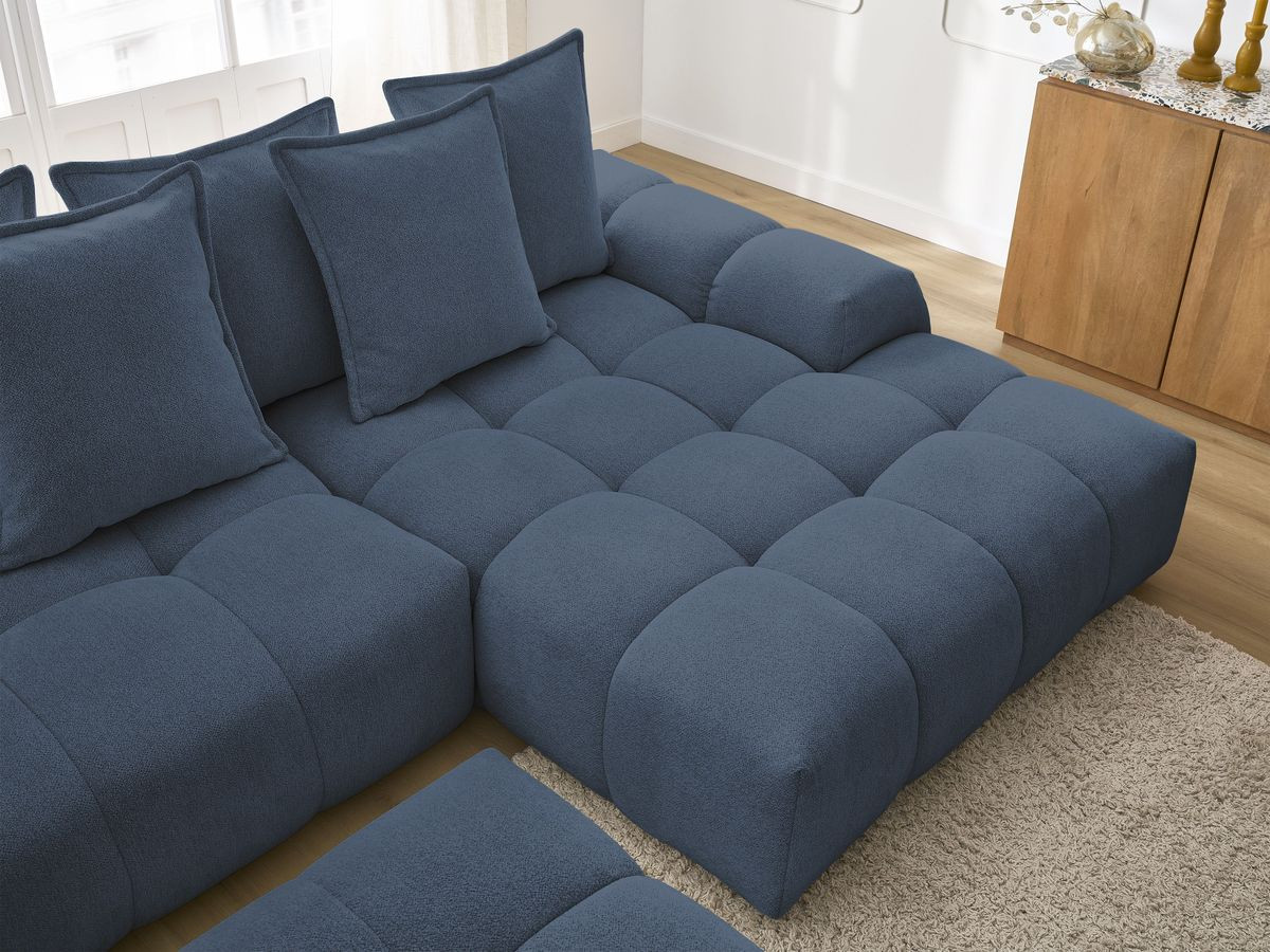 Bobochic Everest Ecksofa mit Schlaffunktion und Bettkasten und Pouf 318 × 180 cm, 7 Kissen Melange-Stoff Dunkelblau Ecke rechts