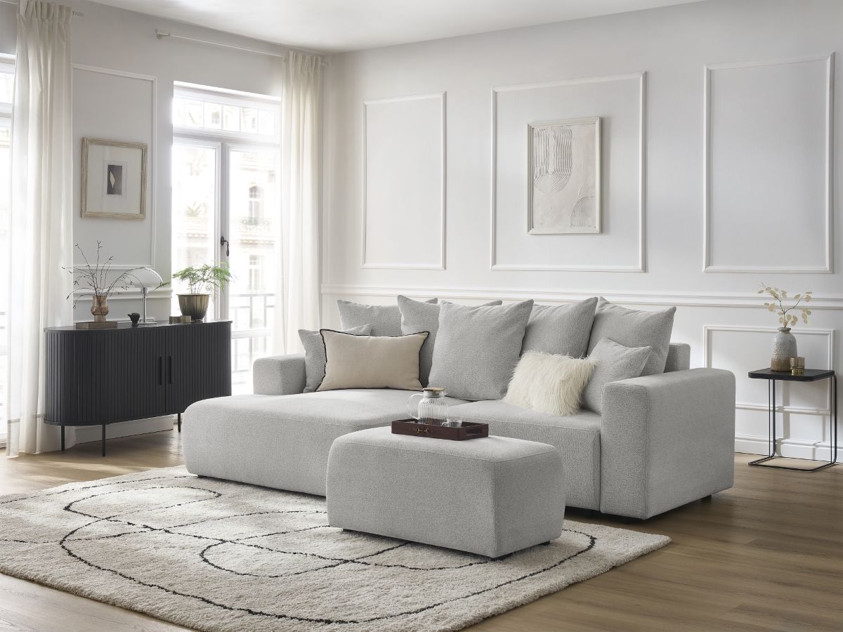 Bobochic Atilla Ecksofa mit Schlaffunktion und Bettkasten und Pouf Melange-Stoff Hellgrau Ecke links