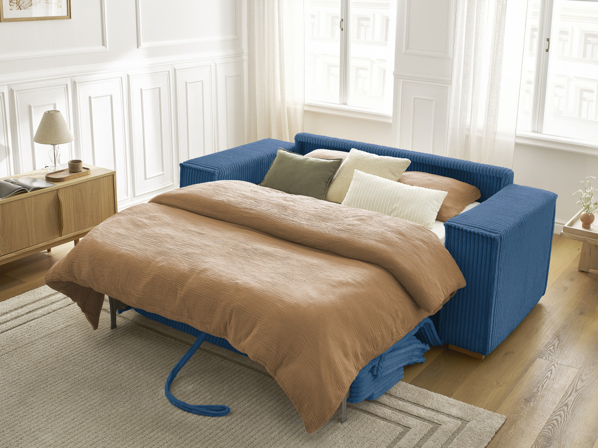 Bobochic Chelsea Schlafsofa 3-Sitzer Cordsamt Dunkelblau, Liegefläche 160 × 200 cm