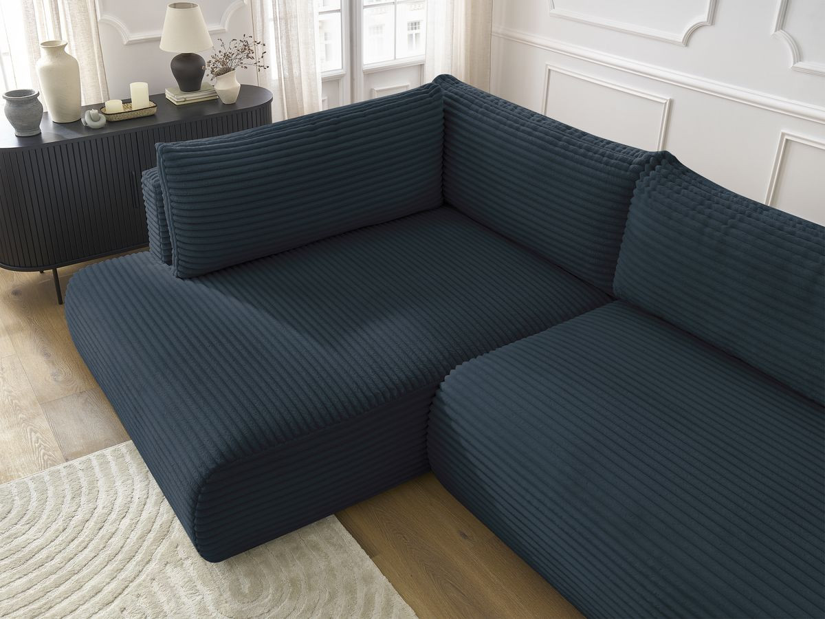 Bobochic Lucien Ecksofa mit Schlaffunktion und Bettkasten 296 × 198 cm Breitcord weich Dunkelblau Ecke links