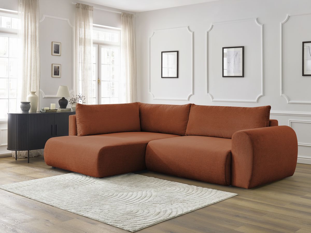 Bobochic Lucien Ecksofa mit Schlaffunktion und Bettkasten 296 × 198 cm Stoff Orange Ecke links