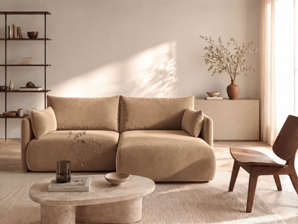 Cosmopolitan Design Ecksofa Monaco 3-Sitzer mit Schlaffunktion Samt Bluvel Beige Rechts