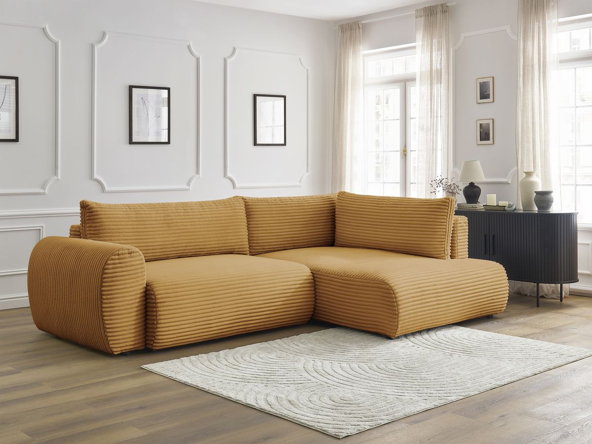 Bobochic Lucien Ecksofa mit Schlaffunktion und Bettkasten 296 × 198 cm Breitcord weich Gelb Ecke rechts