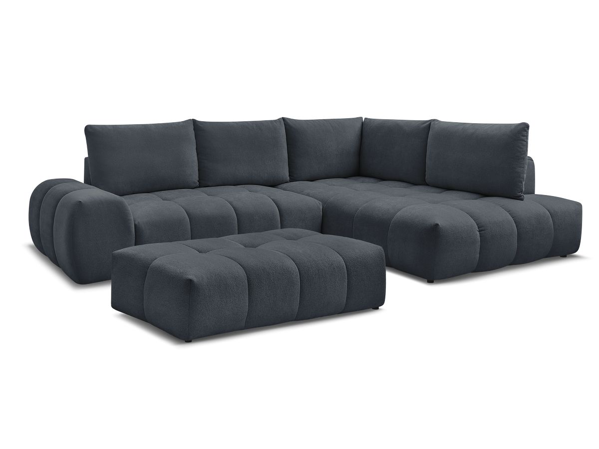 Bobochic Everest Ecksofa mit Schlaffunktion und Bettkasten und Pouf 320 × 212 cm, 5 Kissen Strukturstoff Dunkelblau Ecke rechts
