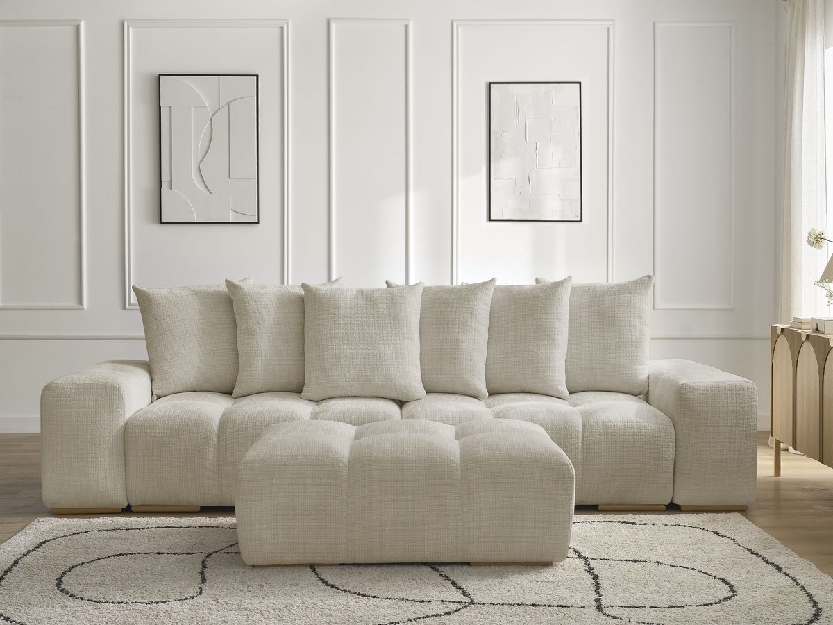 Bobochic Anakin Schlafsofa 3-Sitzer mit Bettkasten und Pouf, 6 Kissen Strukturstoff Beige