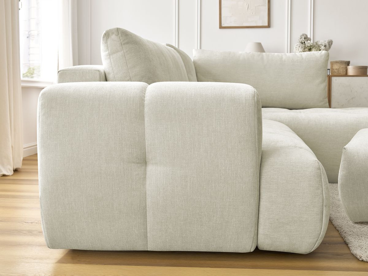 Bobochic Fuji Ecksofa mit Schlaffunktion und Bettkasten und Pouf 282 × 204 cm Stoff Beige Ecke rechts
