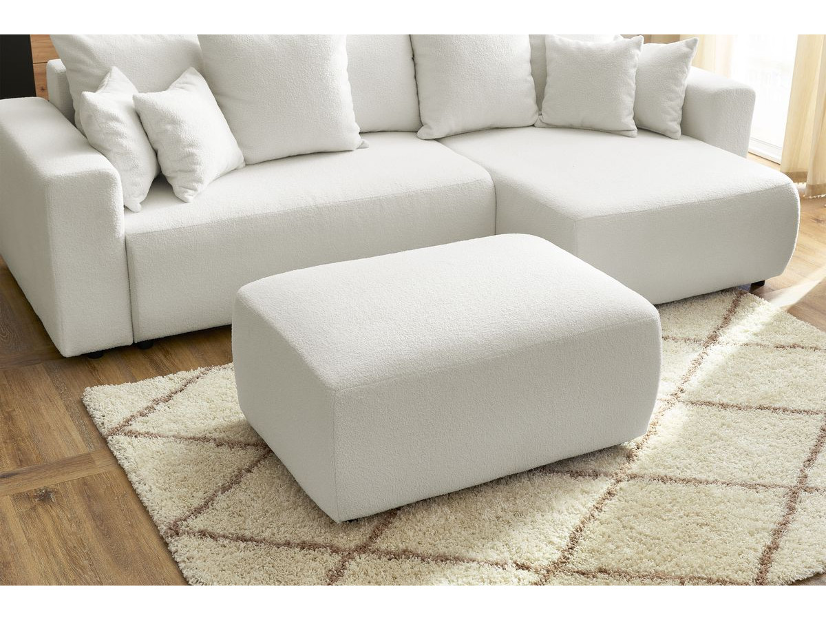 Bobochic Envy Ecksofa mit Schlaffunktion und Bettkasten und rechteckigem Pouf Bouclé-Stoff Weiß