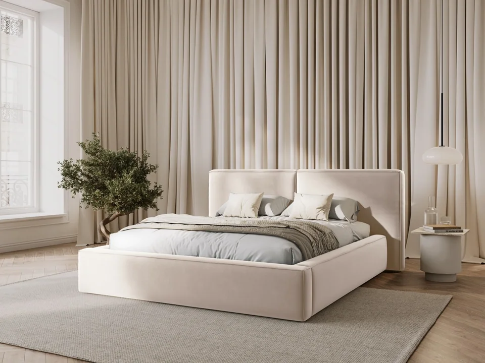 Cosmopolitan Design Stauraumbett mit doppeltem Kopfteil Arendal 140x200 Samt Bluvel Helles Beige