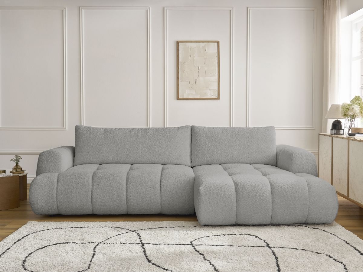 Bobochic Fuji Ecksofa mit Schlaffunktion und Bettkasten 292 × 160 cm Bouclé-Stoff Hellgrau Ecke rechts