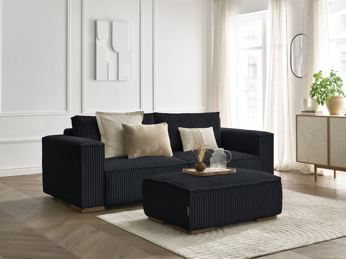 Bobochic Chelsea Schlafsofa 4-Sitzer mit Bettkasten und Pouf Breitcord weich Schwarz