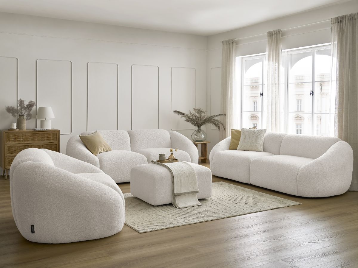 Bobochic Tina Sofa 7-Sitzer mit Pouf Bouclé-Stoff Weiß
