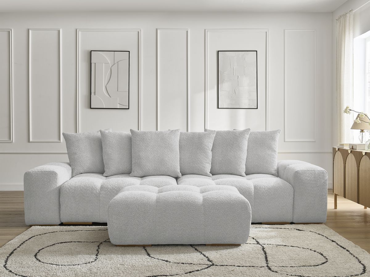 Bobochic Anakin Schlafsofa 3-Sitzer mit Bettkasten und Pouf, 6 Kissen Bouclé-Stoff Hellgrau