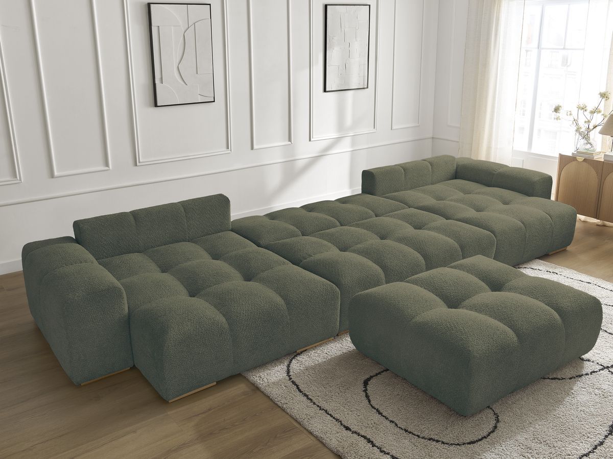 Bobochic Anakin Wohnlandschaft mit Pouf, Liegefläche 137 × 382 cm, 3 Kissen Bouclé-Stoff Grün