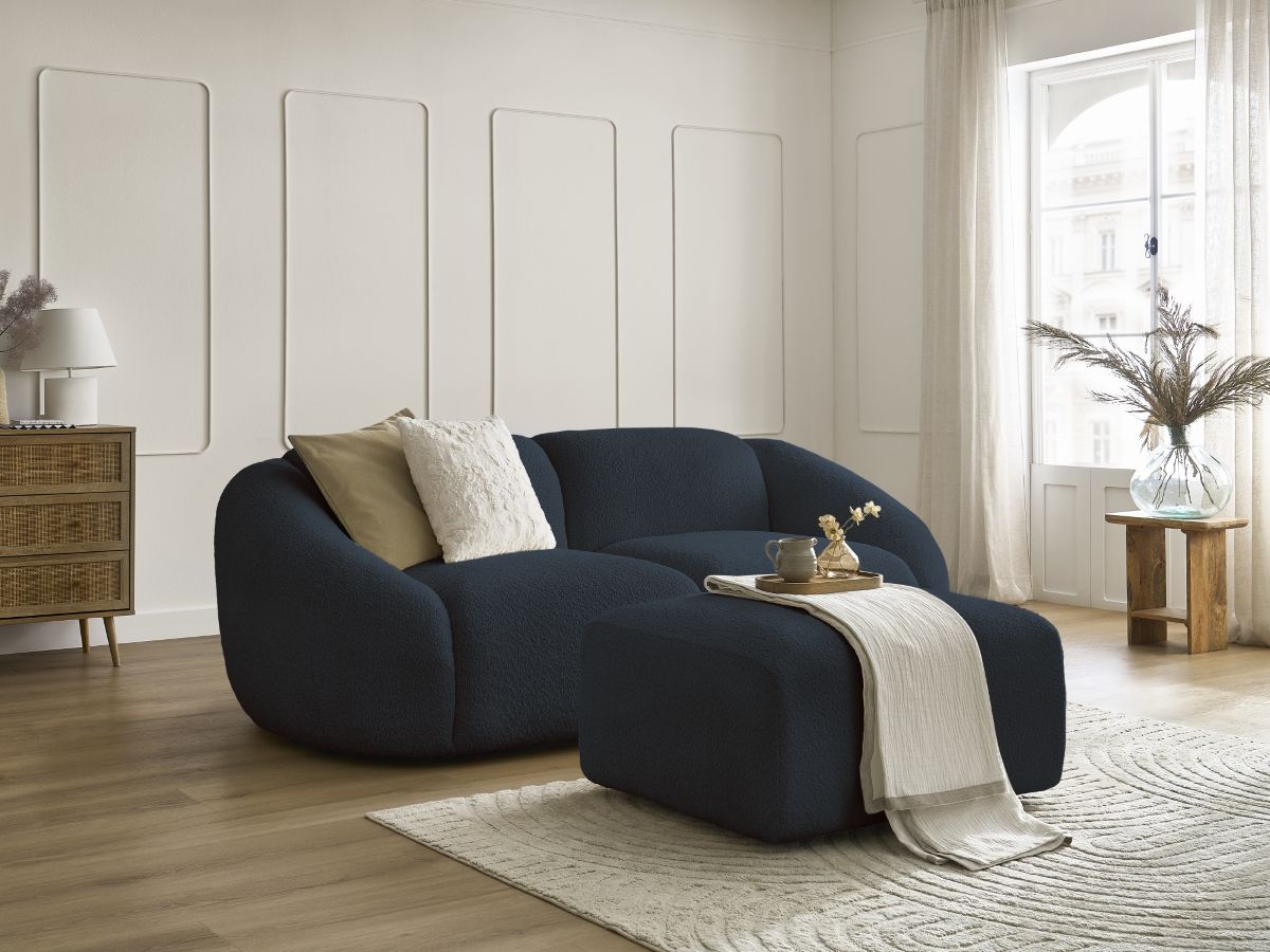 Bobochic Tina Sofa 3-Sitzer mit Pouf Bouclé-Stoff Dunkelblau
