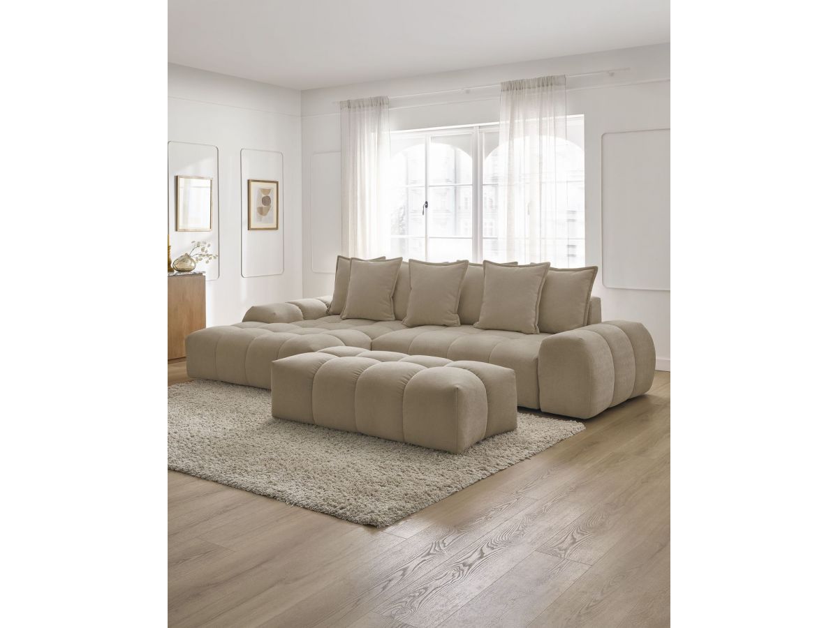 Bobochic Everest Ecksofa mit Schlaffunktion und Bettkasten und Pouf 318 × 180 cm, 7 Kissen Strukturstoff Taupe Ecke links