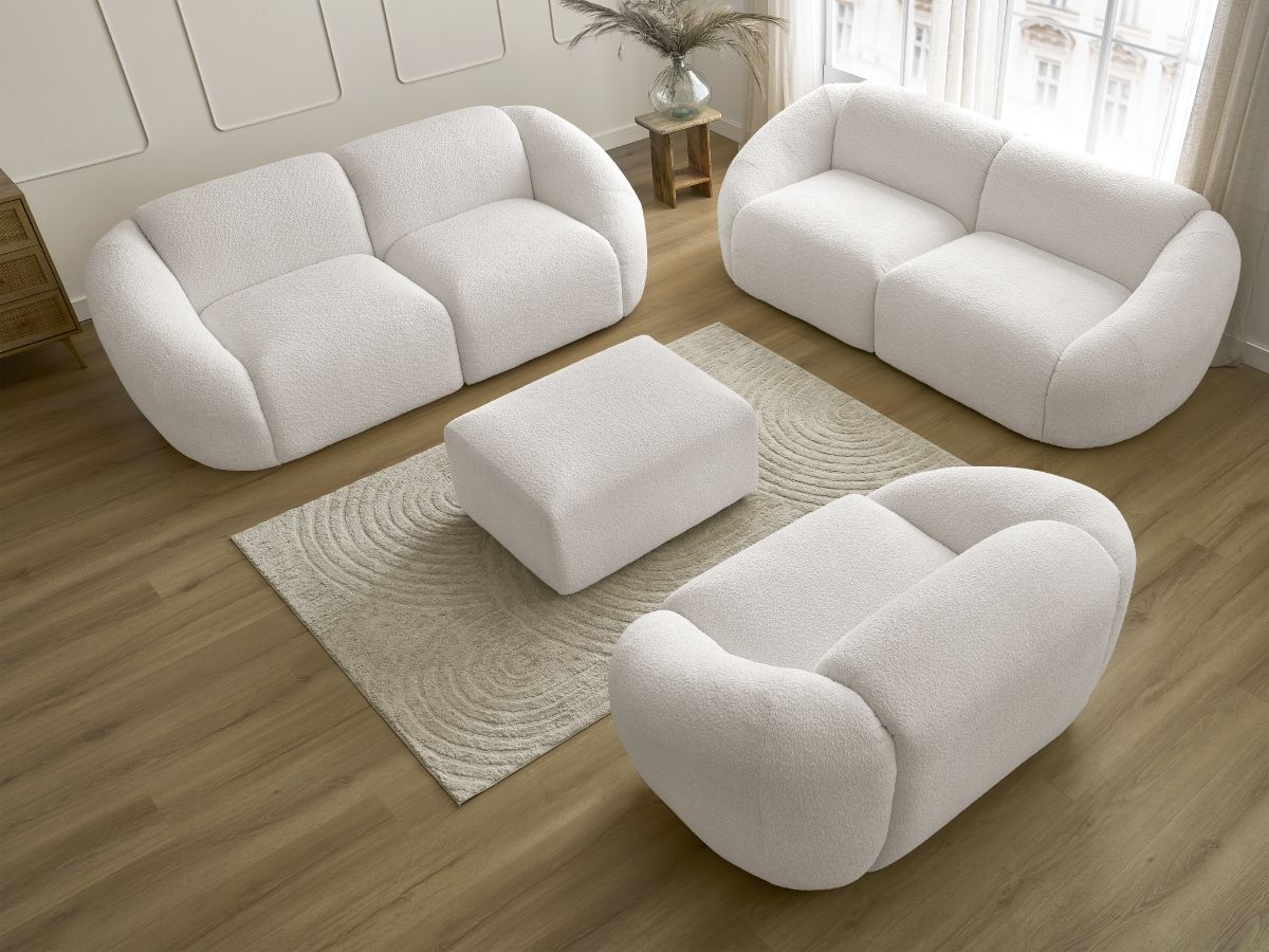 Bobochic Tina Sofa 7-Sitzer mit Pouf Bouclé-Stoff Weiß
