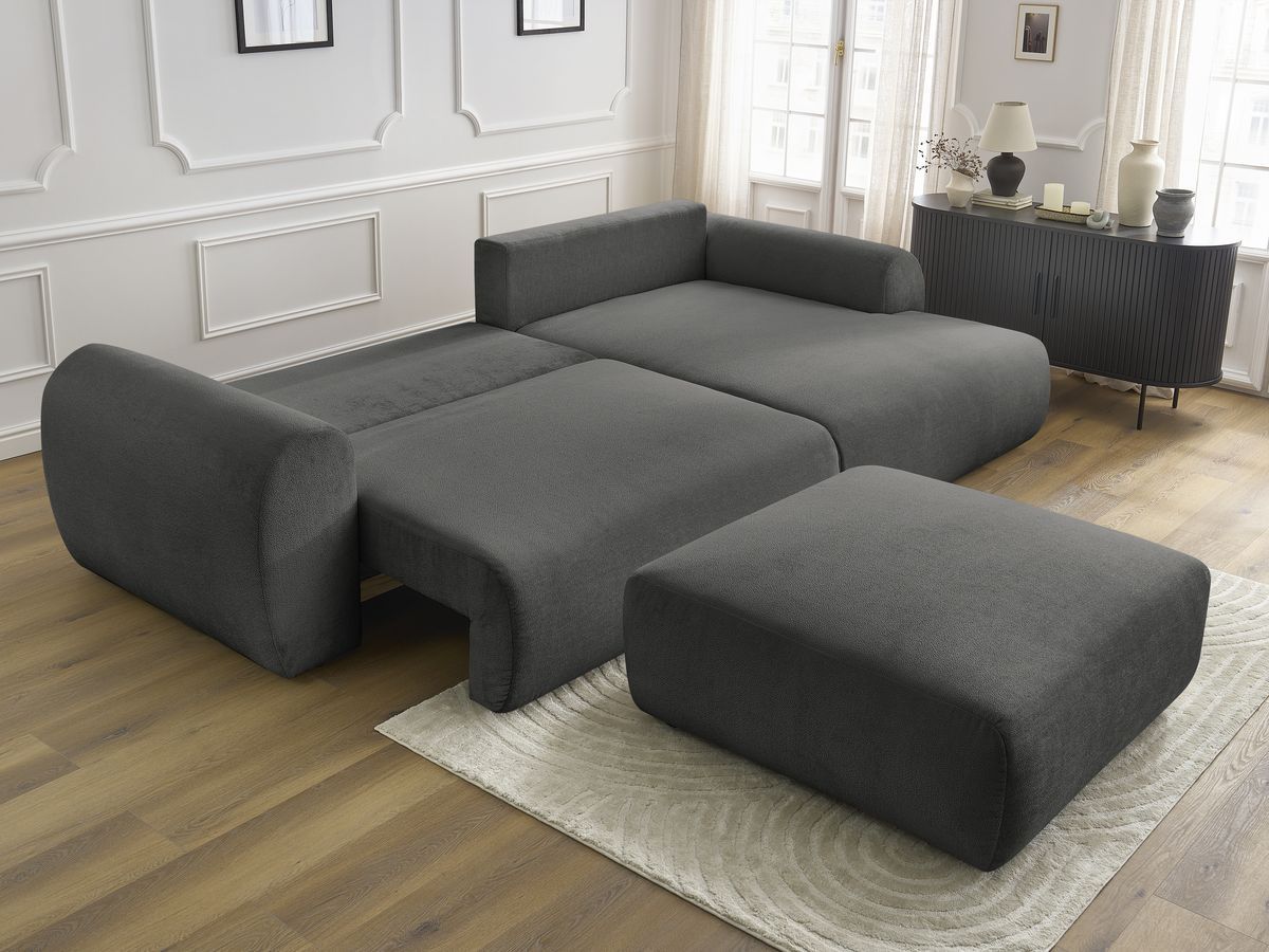 Bobochic Lucien Ecksofa mit Schlaffunktion und Bettkasten und Pouf 314 × 167 cm Stoff Dunkelgrau Ecke rechts