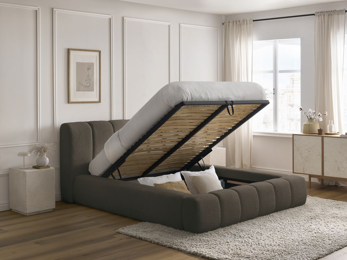 Bobochic Denali Polsterbett mit Bettkasten Bouclé-Stoff Braun, Liegefläche 140 × 190 cm