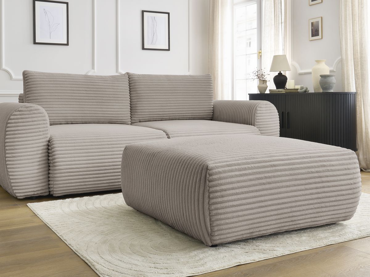 Bobochic Lucien Schlafsofa 4-Sitzer mit Bettkasten und Pouf Breitcord weich Taupe