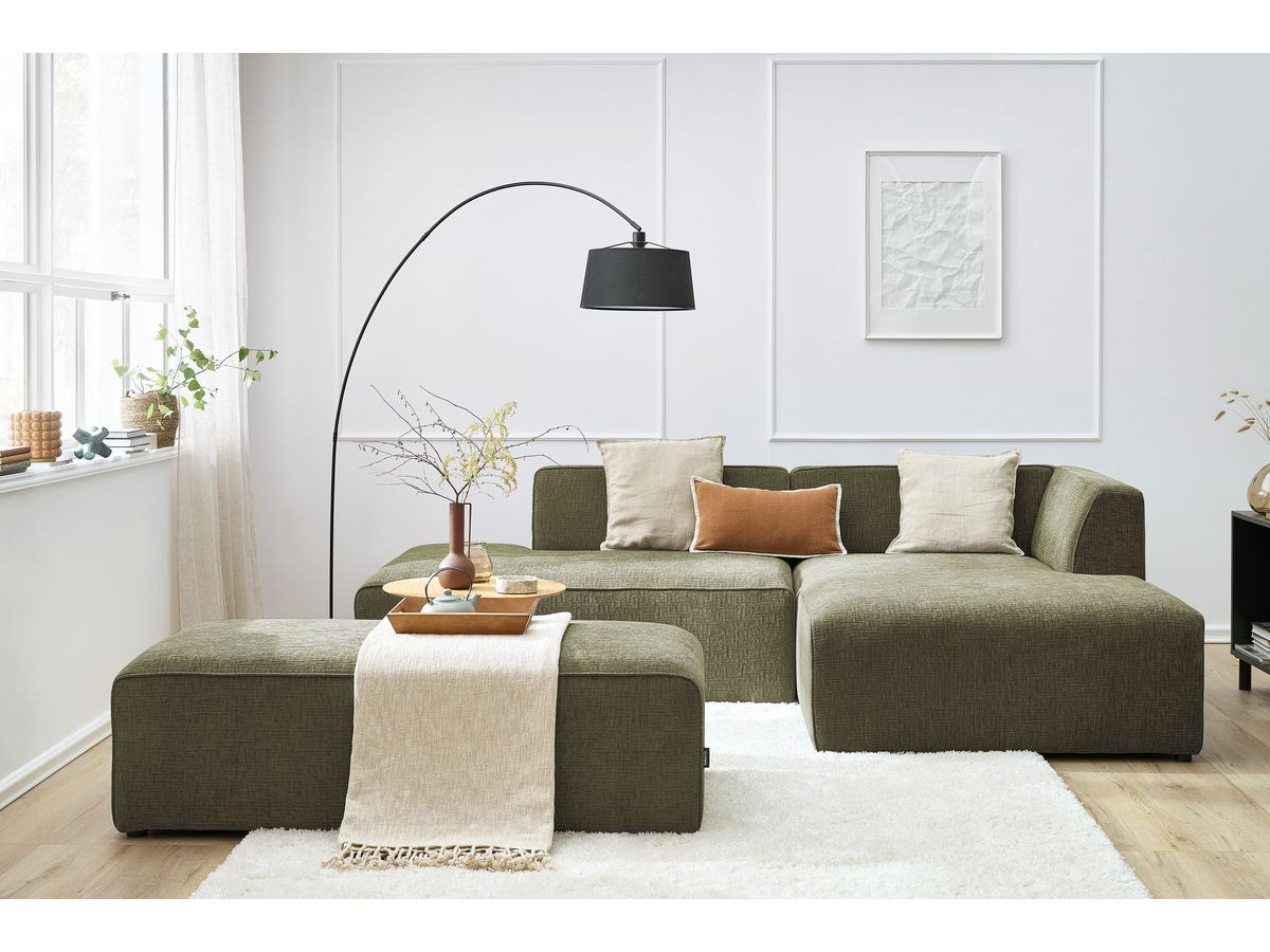 Bobochic Megeve Ecksofa mit Schlaffunktion und Pouf Strukturstoff Grün Ecke rechts