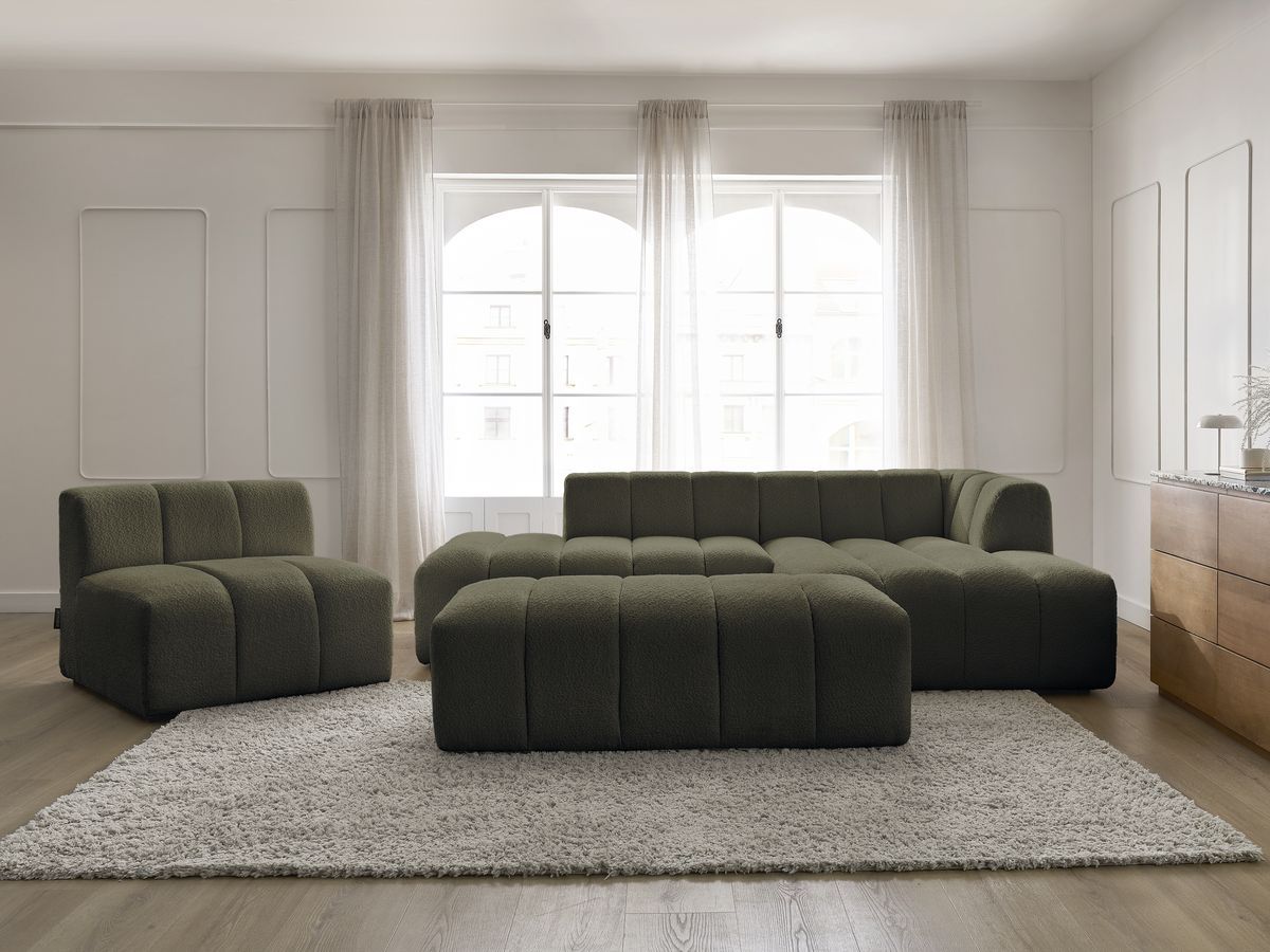 Bobochic Annecy Ecksofa mit Sofamodul und Pouf Bouclé-Stoff Grün Ecke rechts