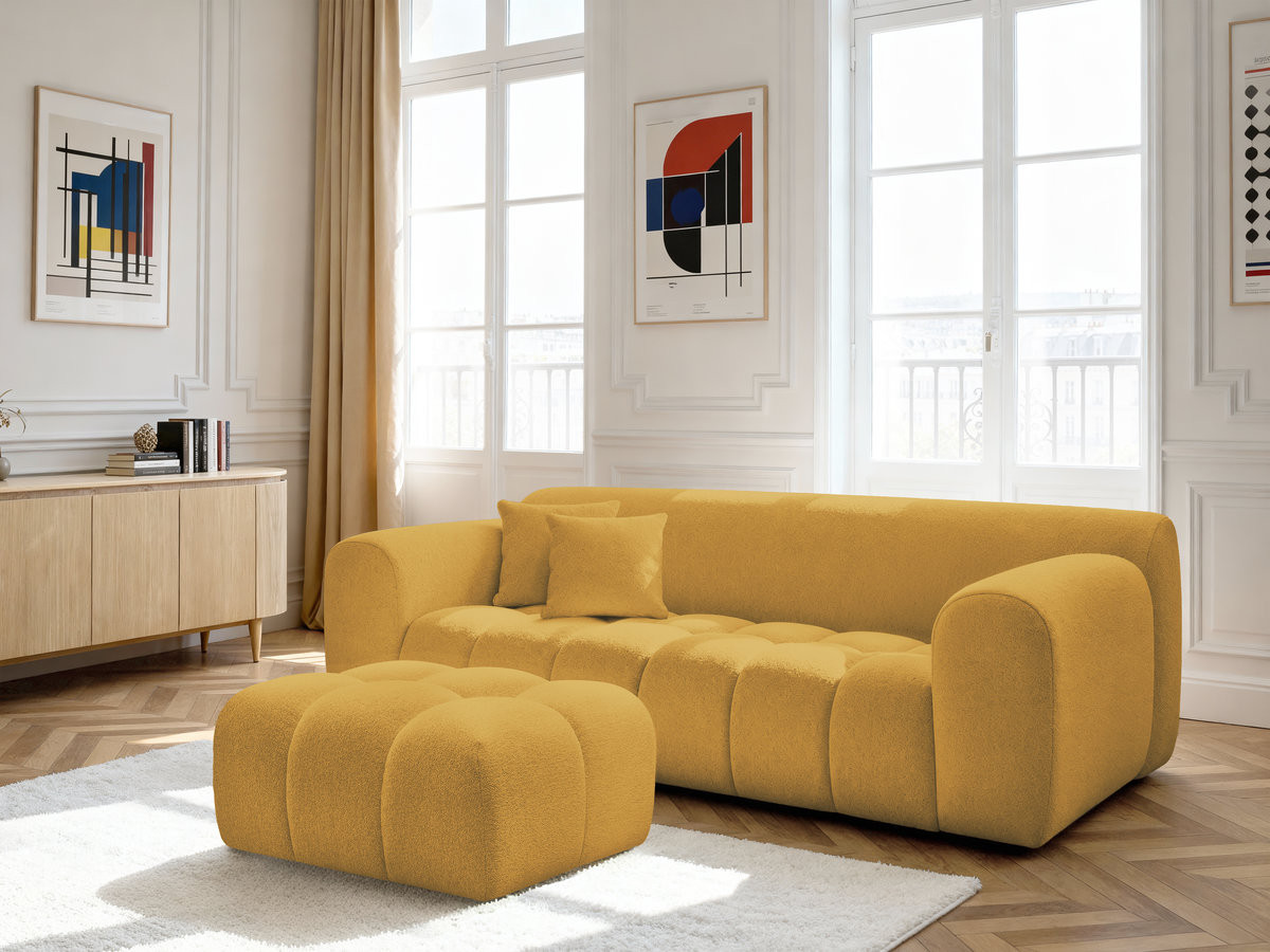 Bobochic Melisse Sofa 3-Sitzer mit Pouf Melange-Stoff Gelb