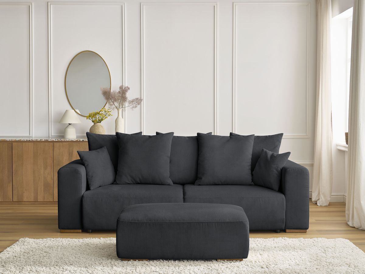 Bobochic Sidonie Schlafsofa 4-Sitzer mit Bettkasten und Pouf Cordsamt Schwarz
