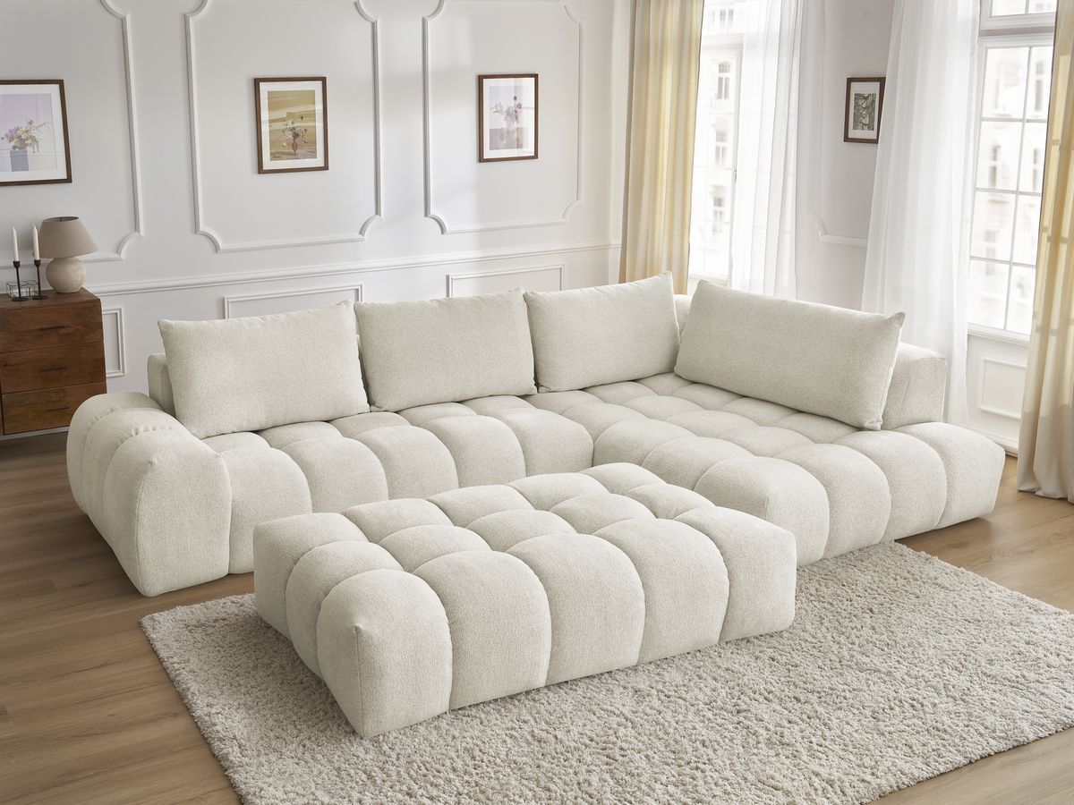 Bobochic Everest Ecksofa mit Schlaffunktion und Pouf, 4 Kissen Melange-Stoff Weiß Ecke rechts