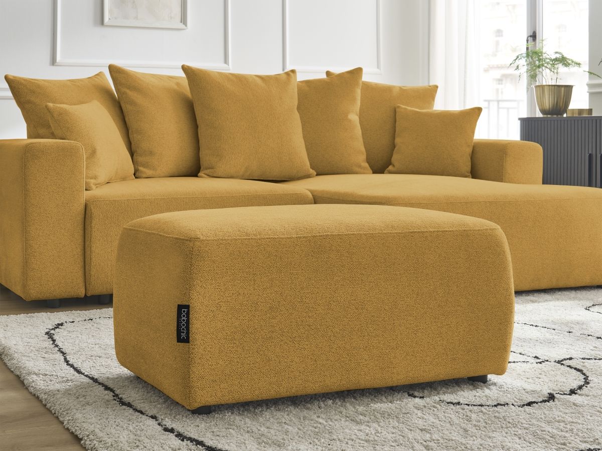 Bobochic Atilla Ecksofa mit Schlaffunktion und Bettkasten und Pouf Melange-Stoff Gelb Ecke rechts