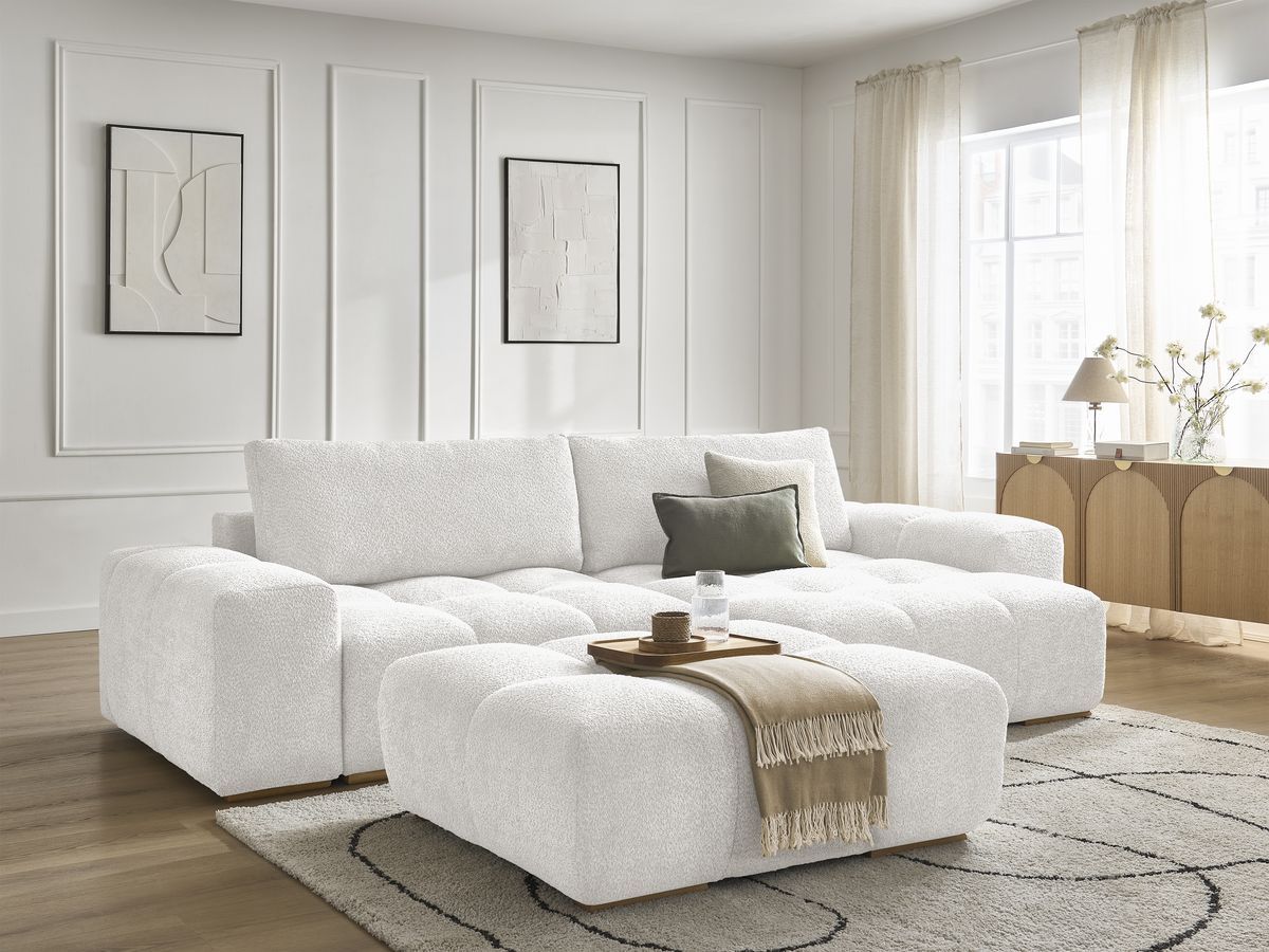 Bobochic Anakin Ecksofa mit Pouf, 2 Kissen Bouclé-Stoff Weiß