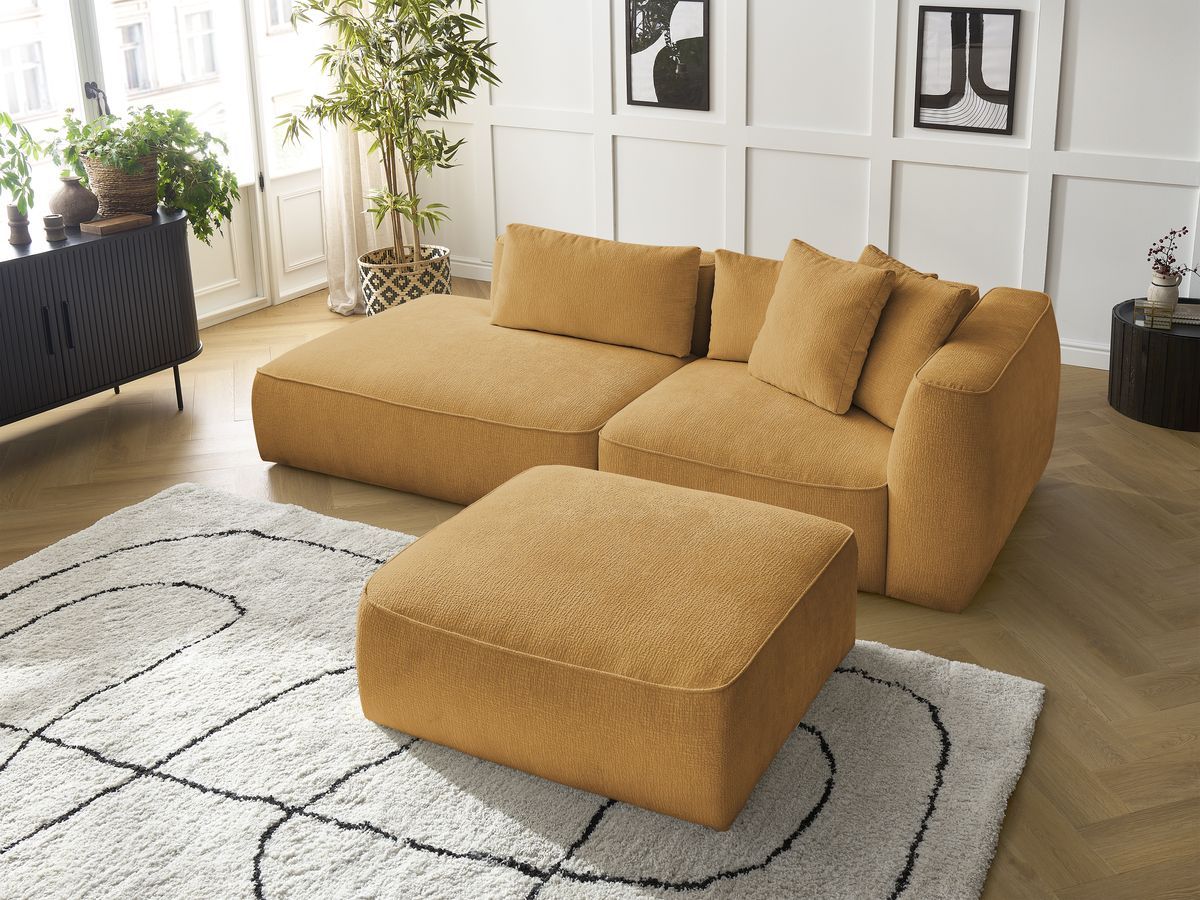 Bobochic Leopold Sofa 4-Sitzer mit Pouf Strukturstoff Gelb Armlehne rechts