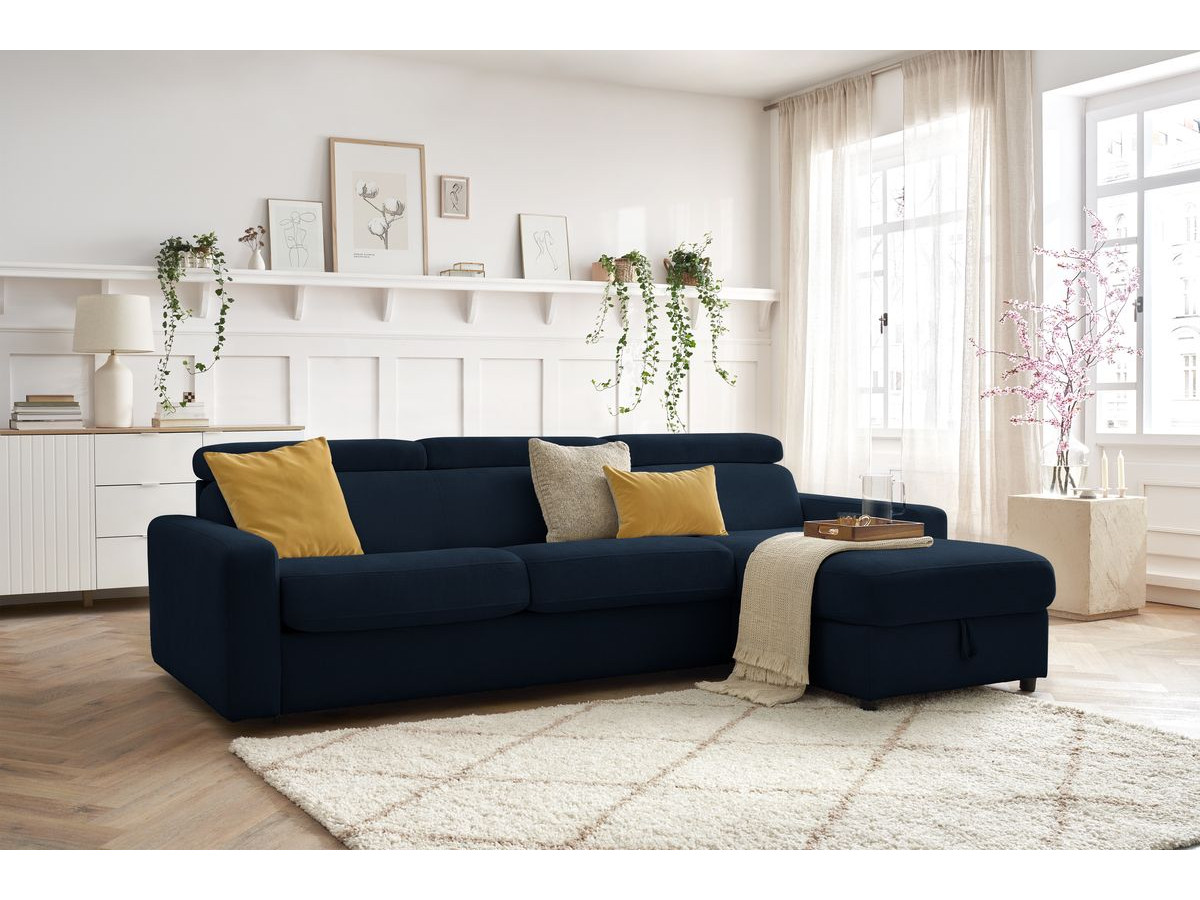 Bobochic Monaco Ecksofa mit Schlaffunktion und Bettkasten Stoff Dunkelblau, Liegefläche 160 × 190 cm