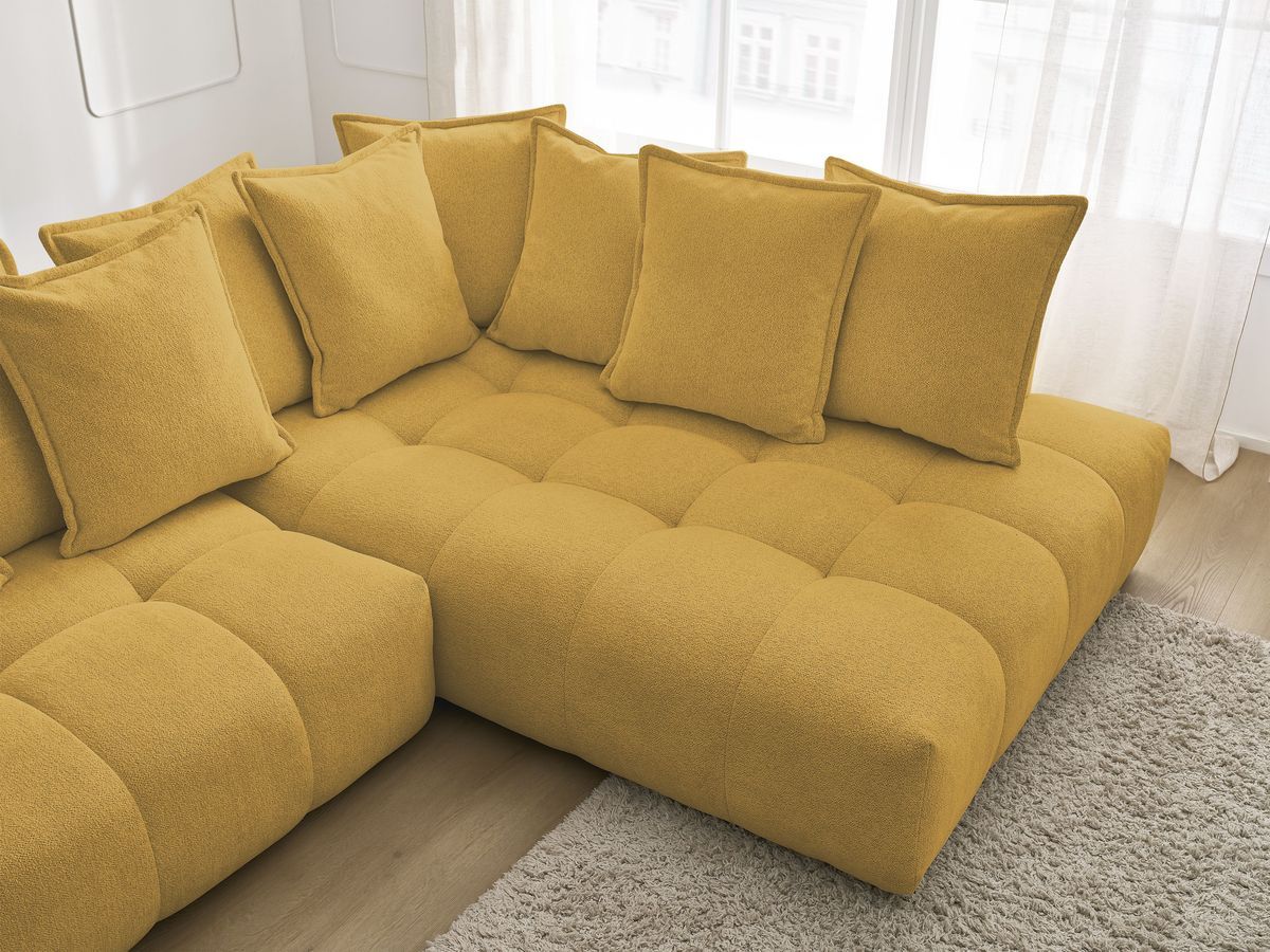 Bobochic Everest Ecksofa mit Schlaffunktion und Bettkasten 320 × 212 cm, 10 Kissen Melange-Stoff Gelb Ecke rechts