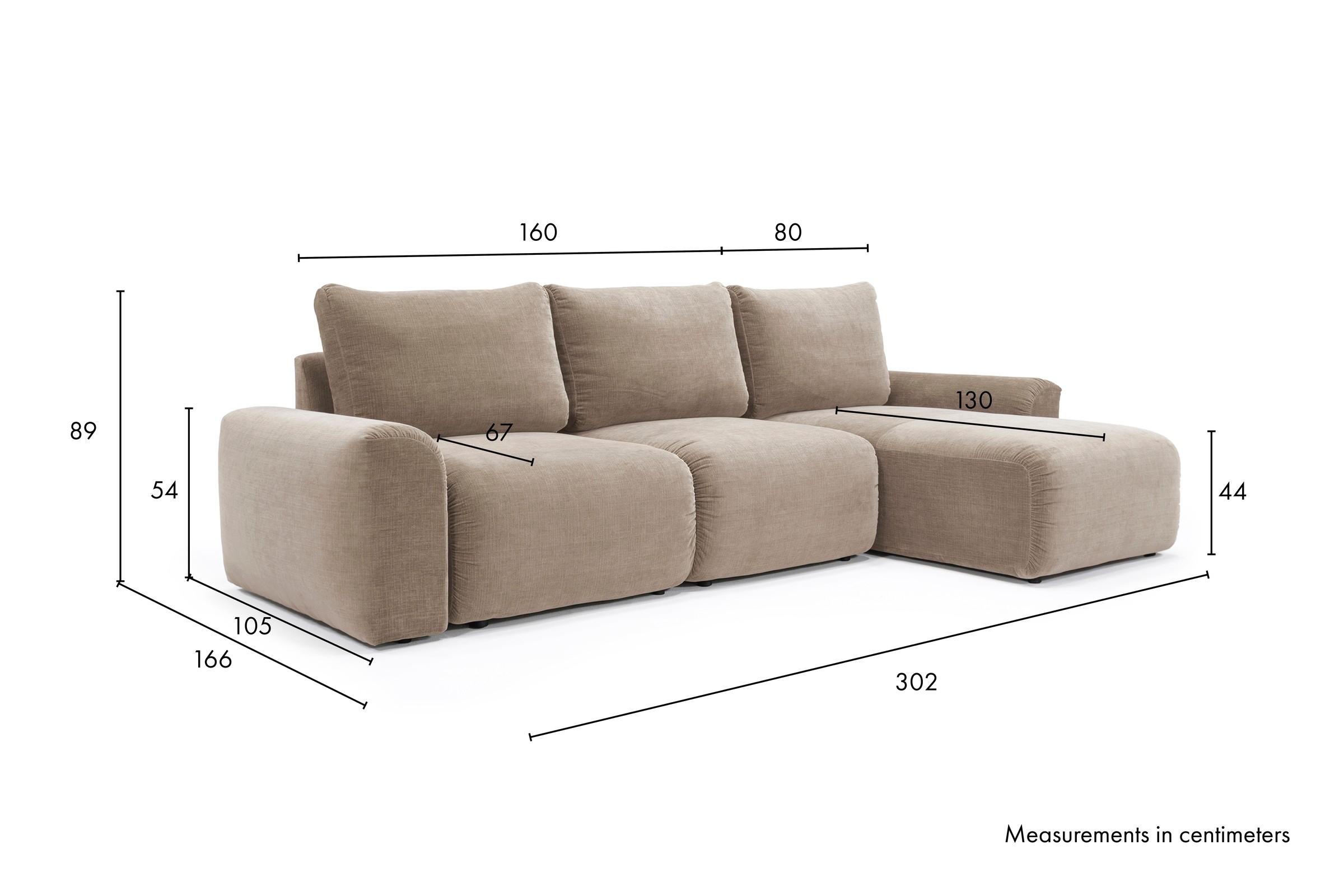 Schlafsofa Norum mit Chaiselongue und Chunky-Armlehnen