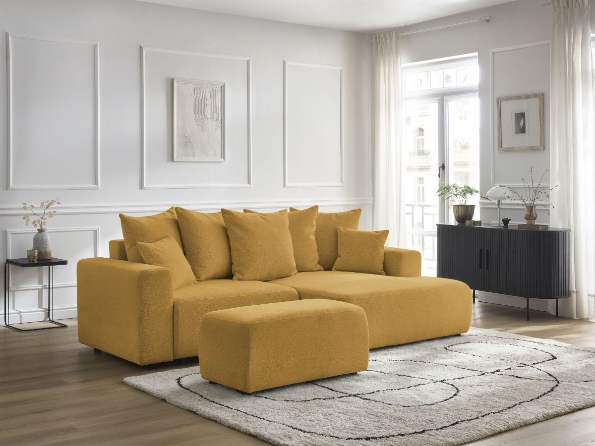 Bobochic Atilla Ecksofa mit Schlaffunktion und Bettkasten und Pouf Melange-Stoff Gelb Ecke rechts